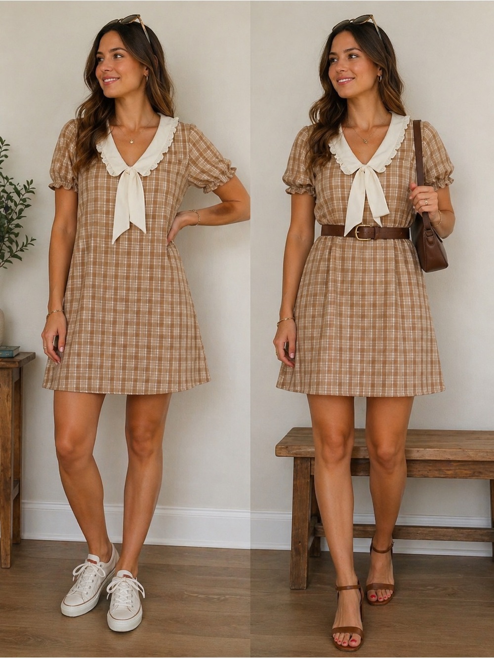 Plaid Mini Dress with Scalloped Tie Collar in Brown